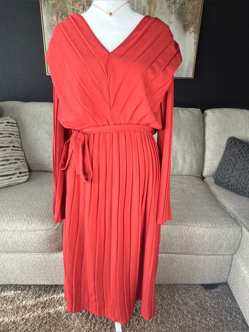 Zara Coral-Red Pleated V-Neck Midi Dress with Tie Waist